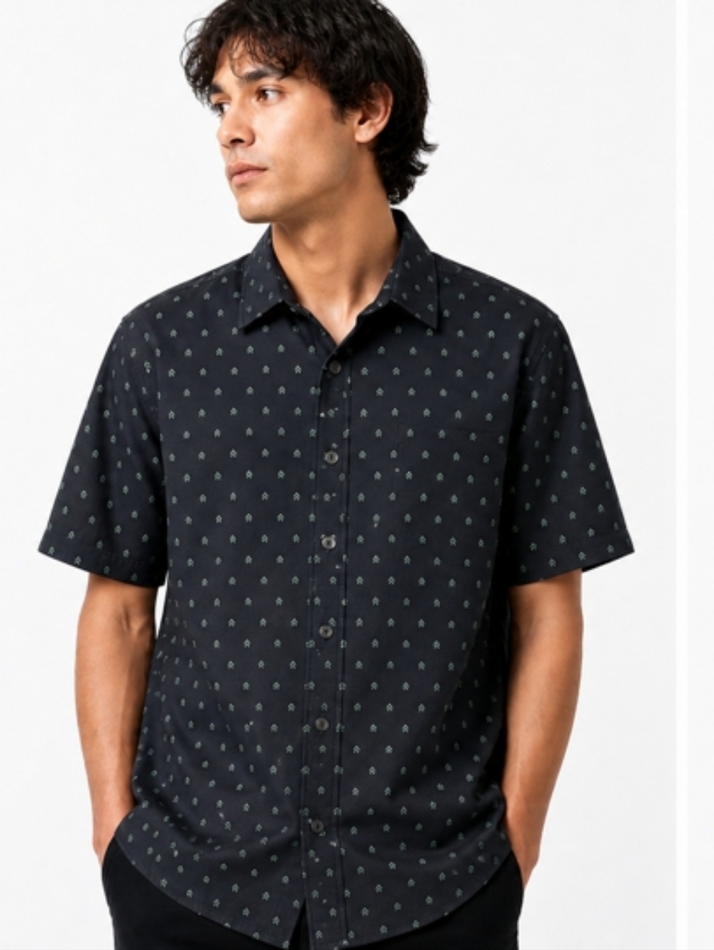 Beverly Hills Polo Van Heusen Navy Short-Sleeve Microdot Button-Down Shirt SizeL